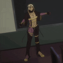 a cartoon character is standing in front of a black board
