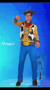 a man in a woody costume is pointing at something