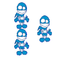 three blue cartoon characters are standing next to each other on a white background .