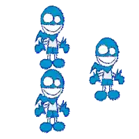 three blue cartoon characters are standing next to each other on a white background .