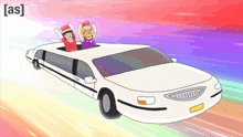 a cartoon drawing of two people riding in a limousine with the word [ as ] on the bottom