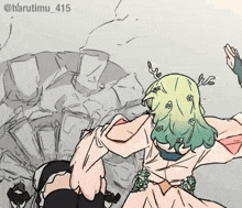 a drawing of a girl with green hair and the number 415 on the bottom right