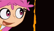 a close up of a cartoon character 's face with pink hair .