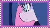 a close up of a pink and purple cartoon character 's face with a purple frame around it .