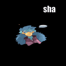 a cartoon character with a speech bubble that says " sha "