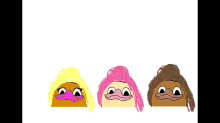 a drawing of three potatoes with different hairstyles with the words not agin omg and shit not dat bitch