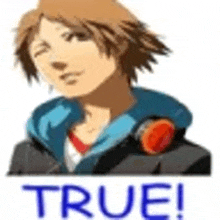 a cartoon of a man with headphones on his head and the words `` true '' below him .
