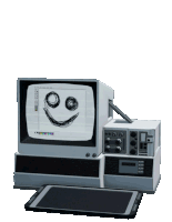 a computer with a smiley face drawn on the screen