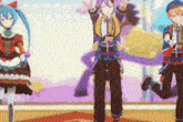 a group of anime characters are standing next to each other on a stage and dancing .