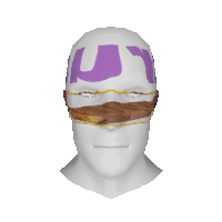 a white head with a purple letter g on it and a purple bandana