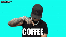 a man wearing a ny hat says coffee