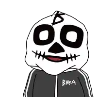 a drawing of a skeleton wearing a jacket with baka written on it
