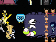 a bunch of pixel art characters are playing instruments in a video game