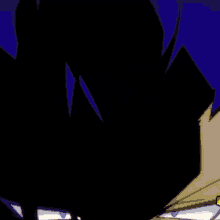 a close up of a person 's face with purple eyes and a black haircut .