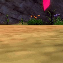 a cartoon landscape with flowers and a pink object in the background