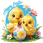 two chicks standing next to an easter egg with flowers on it
