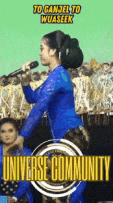 a woman in a blue dress is singing into a microphone with the words to ganjel to wusaeek written above her