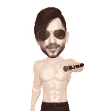 a shirtless man wearing sunglasses and shorts is waving his hand