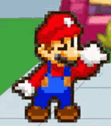 a pixel art of mario waving his hand in a video game .
