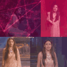 a collage of four pictures of a woman in a white dress