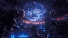 a man with a sword and shield stands in front of a large glowing ball