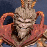 a close up of a monkey with a beard and a crown on his head is smiling .