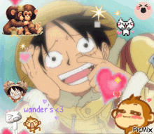 a picture of monkey d luffy is surrounded by hearts and monkeys