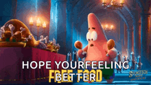 patrick star from the spongebob movie is holding a chicken leg and a chicken leg .