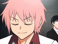 a cartoon character with pink hair is making a funny face with his eyes closed