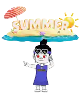 a cartoon girl is pointing at a sign that says " summer "