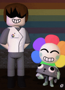 a cartoon character with a flower pin on his shirt