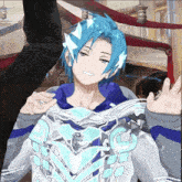 a blue haired anime character with a shield on his back