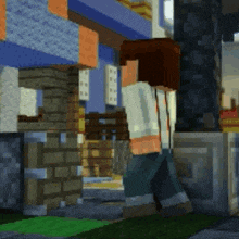 a person in a minecraft video game is walking in front of a building .