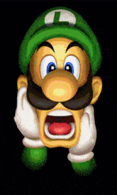 a cartoon character with a green hat and a white letter l on his hat