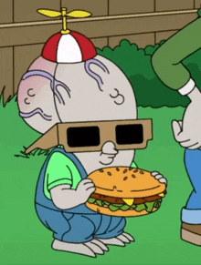 a cartoon character wearing sunglasses and a hat holds a hamburger