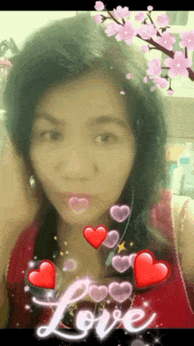 a picture of a woman with hearts and the word love