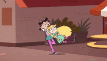 a cartoon character with horns is carrying another character in his arms