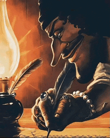 a drawing of a person writing with a feather