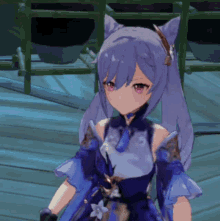 a girl with purple hair and pink eyes is wearing a purple dress