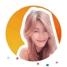 a woman with long hair is smiling in a circle with colorful dots around her