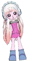 pixel art of a girl wearing headphones and a pink dress