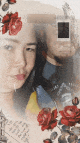 a collage of a woman 's face and a man 's face with roses and a feather