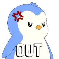 a cartoon of a penguin with the word out on the bottom