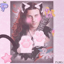 a picture of a man wearing cat ears and holding a paw print