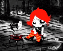 a cartoon girl with red hair is sitting in front of a phonograph