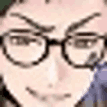 a close up of a person wearing glasses and a purple shirt .