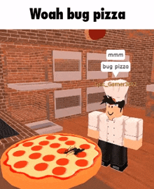 a man in a chef 's hat is standing next to a pizza with a bug on it