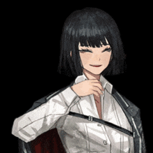 a girl with black hair and a white shirt smiles