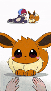 a cartoon of a person laying next to a eevee