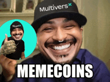 a man wearing a hat that says multiverse on it is smiling
